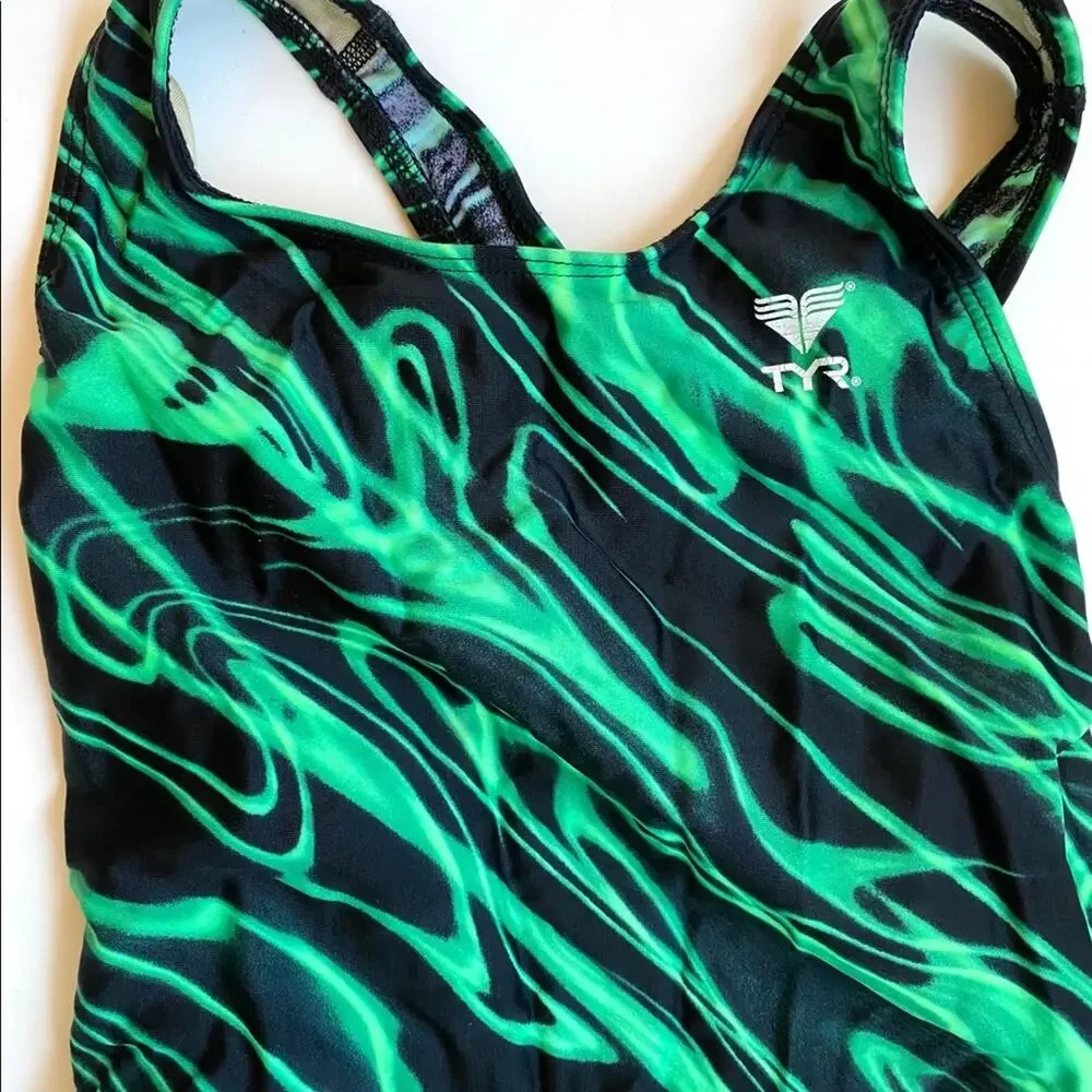 TYR Black~Green Competition Tank Swimsuit SUPER‎ CLEAN COND.